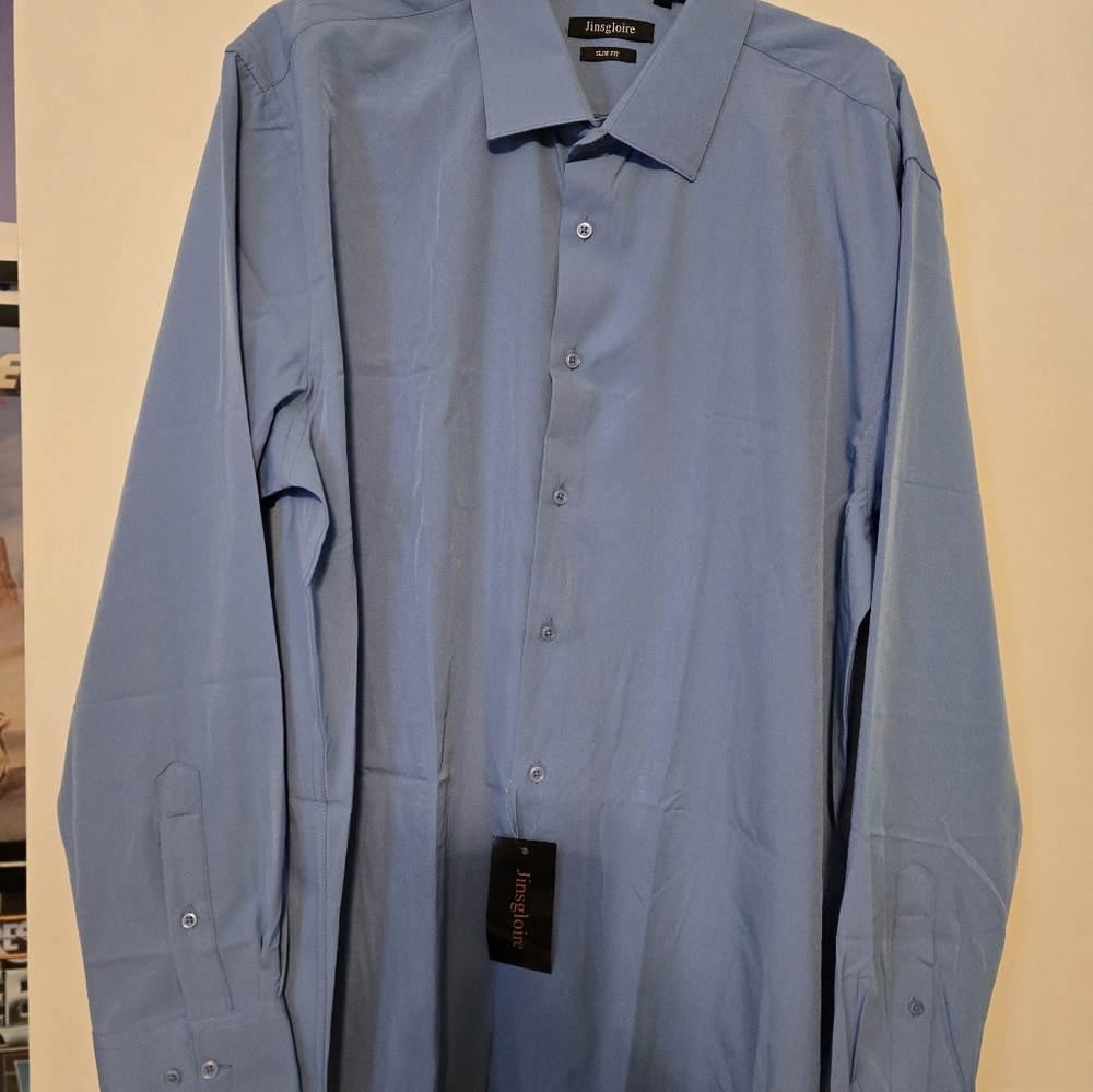 NWT Jinsgloire Slim Fit XL 34/35 17-17 1/2 Men's Blue Silky Long Sleeve Dress Sh